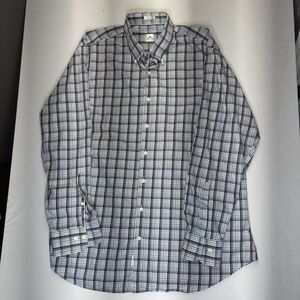 Peter Millar Men's Button Down Dress Shirt Blue Brown Plaid 100% Cotton Size XL